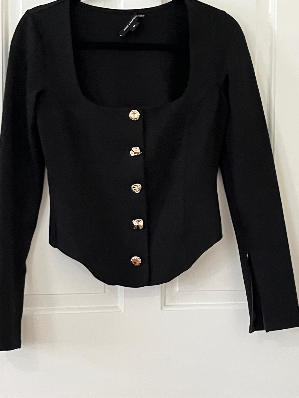 Good American Black Square-Neck Button Cropped Top with Gold Buttons